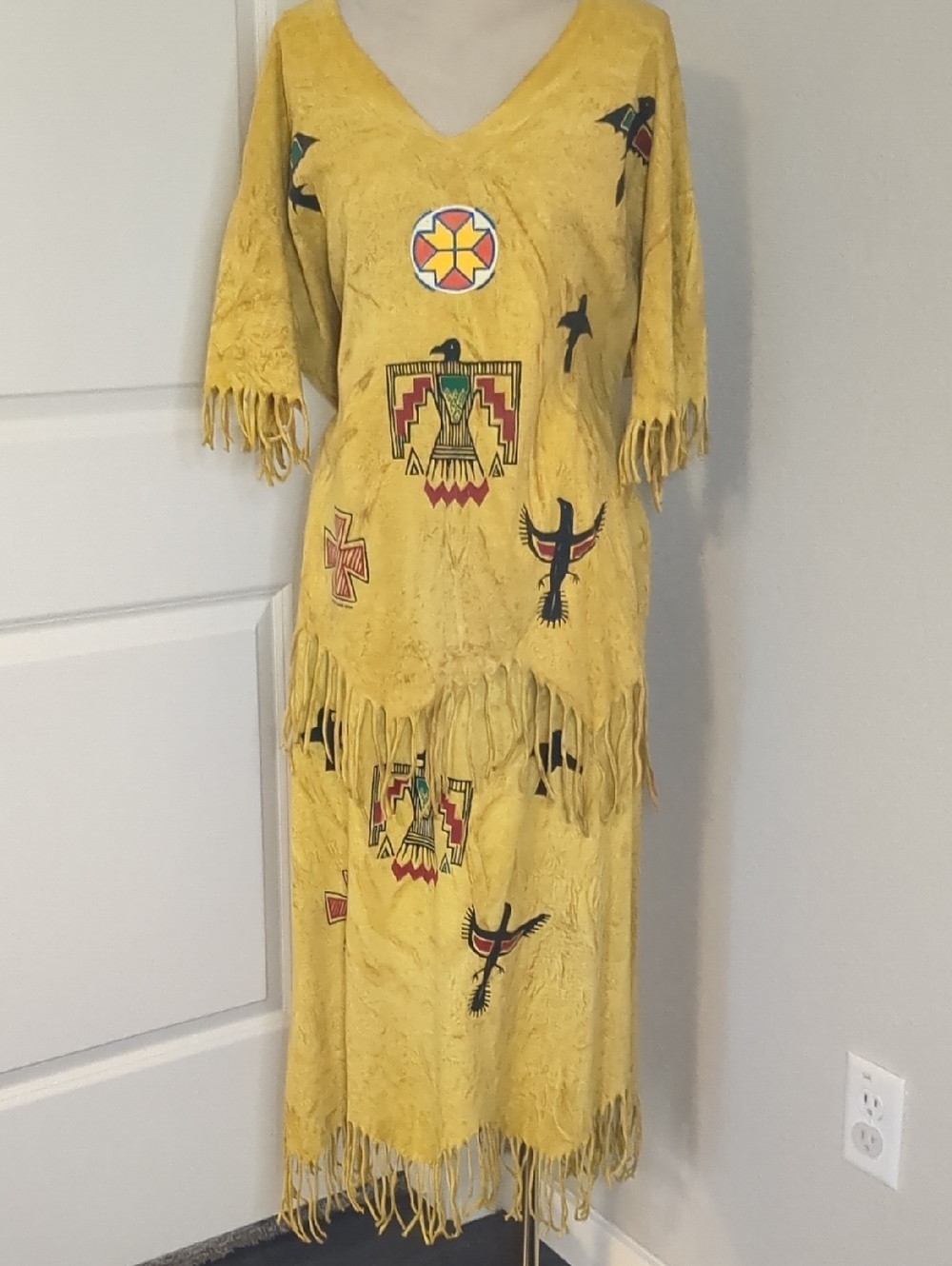 Vtg 90s Southwest Fringe T-shirt & Skirt Hand Painted Dress Set Wearable Art XL